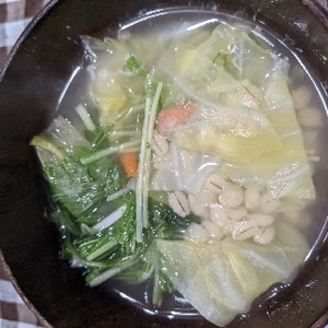 白菜と水菜の中華スープ　もちむぎ入り